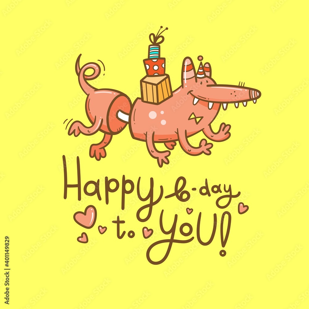 Fototapeta premium Birthday card with cute cartoon monster. Creature in party hats. Vector doodle poster. Little funny animal print.