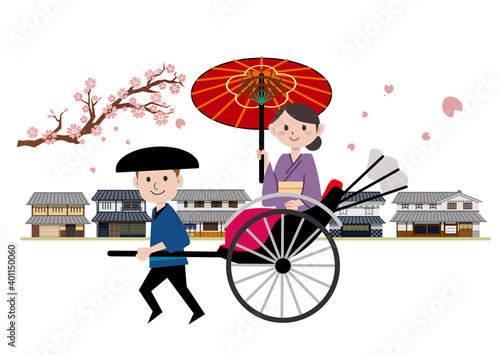 人力車　若い女性　着物　下町　春　桜
