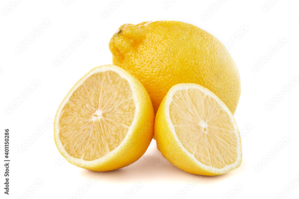 Lemons fruit set. Lemons: whole, half and lemon slices isolated on the white background, macro close up