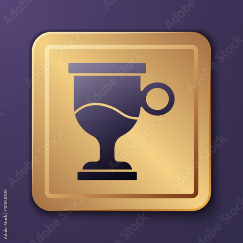 Purple Mulled wine with glass of drink and ingredients icon isolated on purple background. Cinnamon stick, clove, lemon slice. Gold square button. Vector.