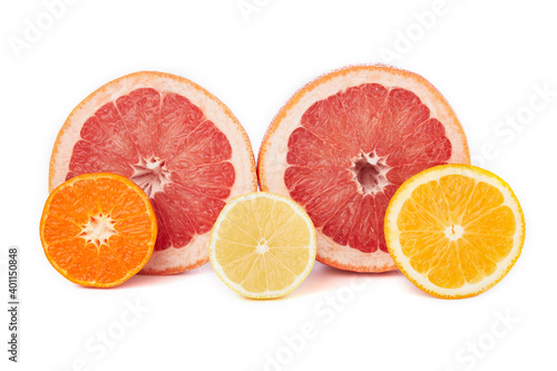 Fruit composition. Group of citrus  orange  lemon  mandarine tangerine  grapefruit. full  half and slices on white background  macro close-up