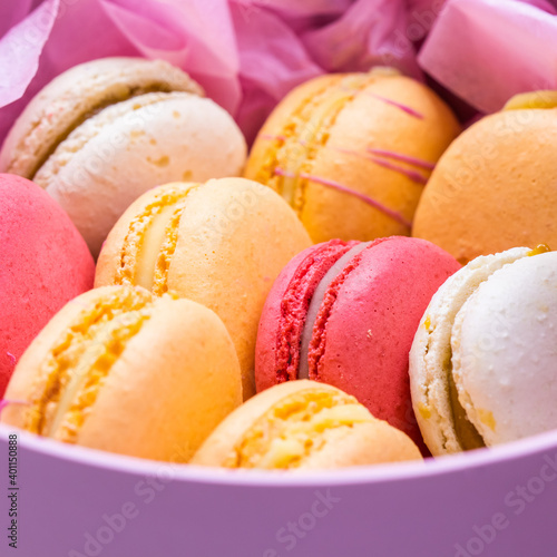 Colorful french cookies macarons set in pink gift box. Tasty fruit, almond sweet cookies, cake macaron. Holiday backdrop design.