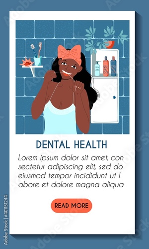 Vertical mobile application template. Dental health daily care concept. Young african dark skinned woman flossing her teeth in the bathroom. Healthy lifestyle. Stock vector flat illustration.