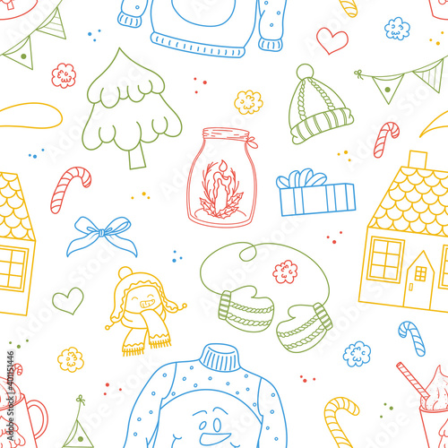 Seamless vector pattern with traditional elements of winter. Line objects. Colorful palette. Cute hand drawn Christmas theme doodle background for wrapping paper, print, card, gift, fabric, wallpaper.