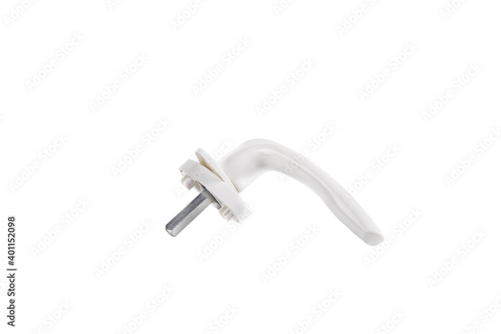 On white background. Window handle. Light color. Metal rod for connection. Close-up. On white background. Window handle. Light color. Metal rod for connection. Close-up.