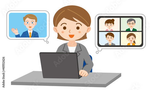ノートパソコンでオンライン作業をするスーツ姿の若い女性のイラスト/白背景
