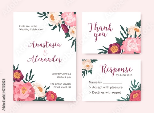 Collection of wedding invitation cards decorated with blooming flowers vector flat illustration. Set of vertical and horizontal templates for marriage event with peonies and a place for text