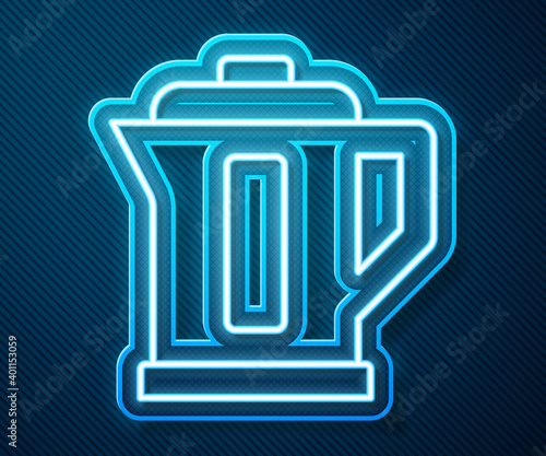 Glowing neon line Electric kettle icon isolated on blue background. Teapot icon. Vector.