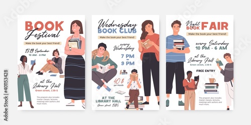 Collection of flyer or poster templates advertising book club event. Set of vertical banners for reading festival promotion. Invitation fliers design. Flat vector illustration