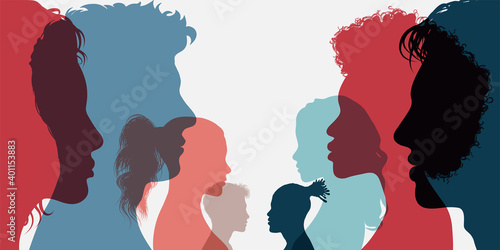 Diversity multi-ethnic and multiracial people. Silhouette group of men and women of diverse culture standing together in front of the other. Concept racial equality and anti-racism photo