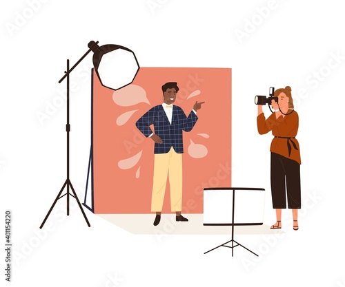 Portrait photography backstage. Female photographer taking photo or shooting African American man posing in studio with professional pulse light. Flat vector illustration isolated on white background