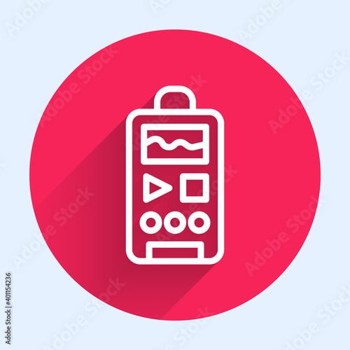White line Dictaphone icon isolated with long shadow. Voice recorder. Red circle button. Vector.