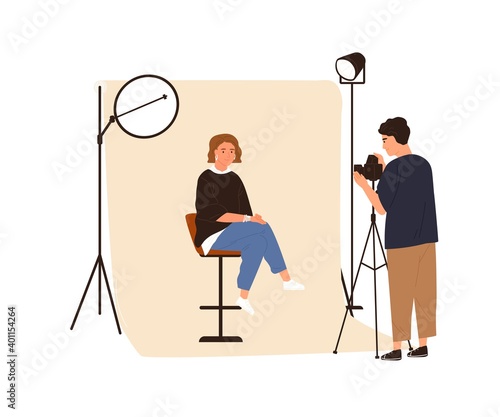 Portrait photography backstage. Male film photographer taking photo or shooting woman posing in studio with professional pulse light. Colored flat vector illustration isolated on white background