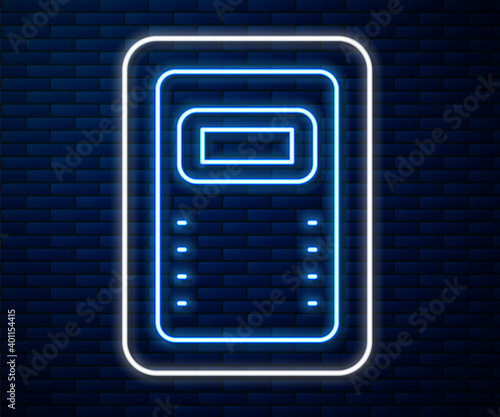 Glowing neon line Police assault shield icon isolated on brick wall background. Vector.
