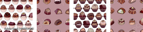 Seamless patterns with different kinds of chocolate candies - milk,dark,white chocolate. Endless textures for your design, announcements, cards, posters, restaurant menu.