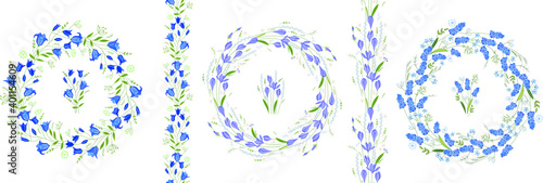 Set with floral frames. Bluebells,crocuses and muscari on white background. Endless vertical borders and round wreaths.