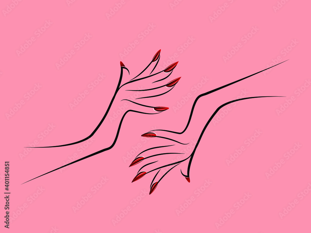 Naklejka premium Nails art salon vector logo.Illustration of woman hands with elegant, beautiful manicure.Cosmetics, beauty, spa and style icon isolated on pink background.Red nail polish.