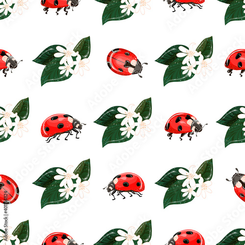 Childrens texture. Seamless pattern with lemon flowers and leaves. Ladybugs on a white background. Vector fabric design. © MARINA