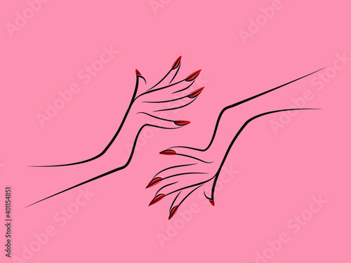 Nails art salon vector logo.Illustration of woman hands with elegant, beautiful manicure.Cosmetics, beauty, spa and style icon isolated on pink background.Red nail polish.