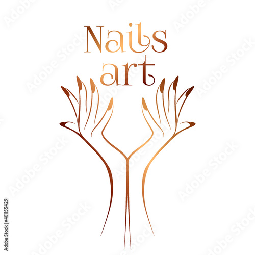 Nails art salon vector logo.Illustration of woman hands with elegant, beautiful manicure.Cosmetics, beauty, spa and style icon isolated on white background.Nail polish.Golden color.