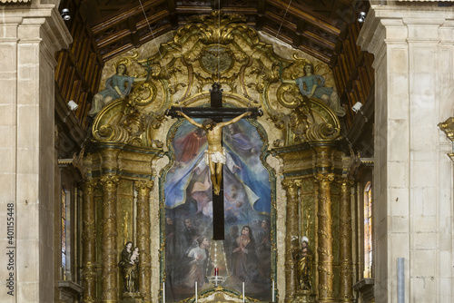 nave and wall covered with azulejos of religious inspiration inside the church of Valega district of Aveiro, Portugal