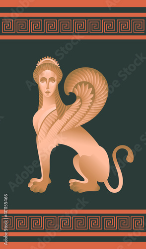 Sphinx. An image of a creature with a woman's face, the body of a lion and the wings of an eagle, located against a dark background. Vector graphics