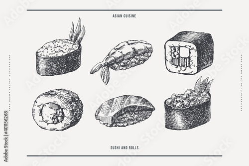 Set of hand-drawn sushi and rolls on isolated background. Sushi with shrimp, caviar, rolls with vegetables, fish. Retro picture for menu of sushi bars, restaurants. Illustration in engraving style.
