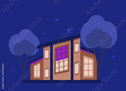 Ecological house in green bushes. Night lighting. Cute house  drawn in cartoon style  isolated on a dark blue background. Vector illustration of a night eco house in a flat style.