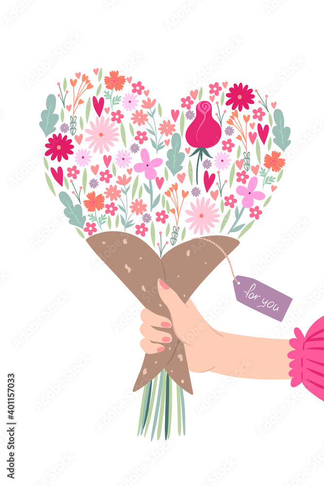 Greeting card with a bouquet in the shape of a heart in hand. Vector graphics. Greeting card with a bouquet in the shape of a heart in hand. Vector graphics.