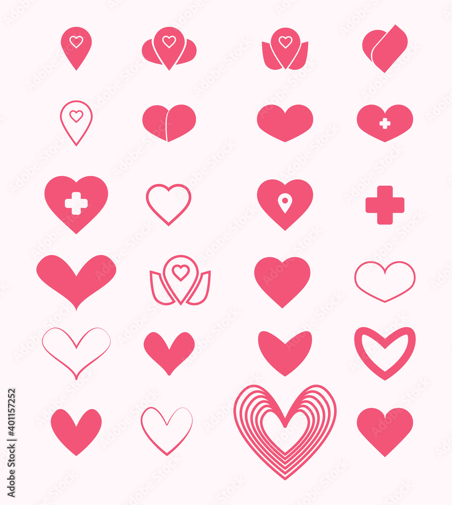 Design of red heart shapes icon set collection. Simple illustration Valentine's day and for love. Vector icons for web pages and social media