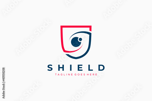 Abstract Security Logo. Red and Blue Shield Icon Linear Style with Eye Lens Camera inside isolated on White Background. Flat Vector Protection Logo Design Template Element.