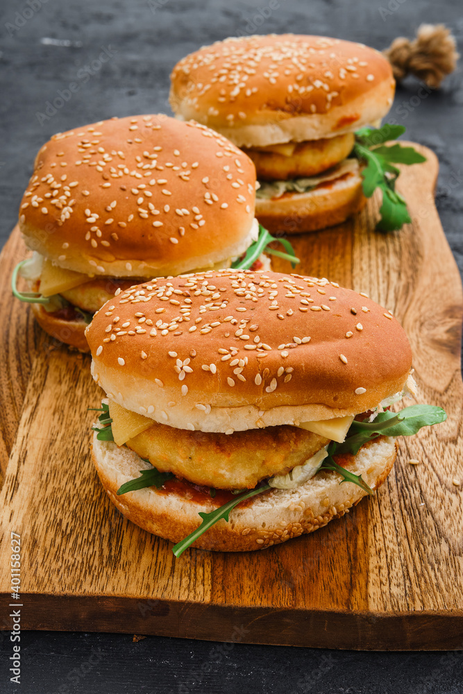 Homemade burger with chicken cutlet Homemade burger with chicken cutlet