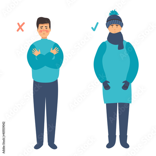 man froze. Frostbite concept banner. Cartoon illustration of frostbite vector concept banner. the man is cold and the man is warmly dressed. flat design. for infographic.