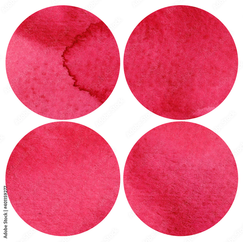 Hand drawn watercolor pink circles, four red stains. Template for website, app or social media. Raster stock illustration isolated on white background. Hand drawn watercolor pink circles, four red stains. Template for website, app or social media. Raster stock illustration isolated on white background.