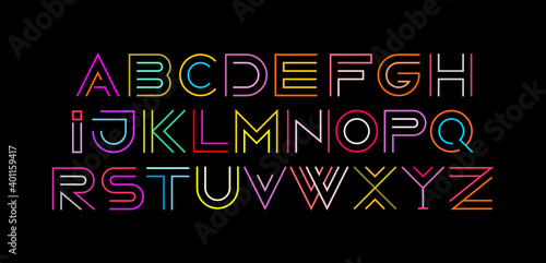 Typeface design featuring the letters of the alphabet from A to Z. Neon colors isolated on a black background Decorative Line Art Font vector illustration.