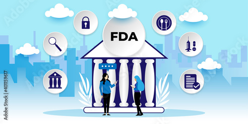 FDA Food and Drug Administration. Certified Control Department Nutrition Drugs Concept
With icons. Cartoon Vector People Illustration