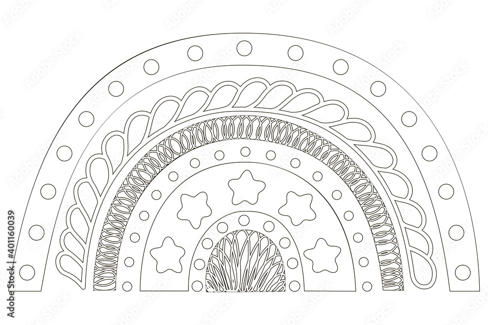 Black and white cartoon isolated rainbow decorated stars, circles and hatching. Scandinavian cute baby outline illustration for icon, coloring, logotype, graphic design. Vector. Black and white cartoon isolated rainbow decorated stars, circles and hatching. Scandinavian cute baby outline illustration for icon, coloring, logotype, graphic design. Vector.