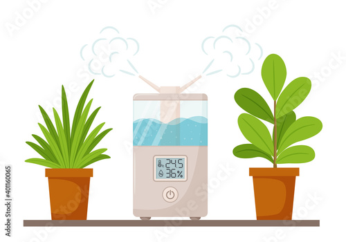 Rectangular humidifier with digital display and potted indoor plants. The concept of using an ultrasonic mist diffuser for the care of home flowers. Flat vector illustration. Isolated on white
