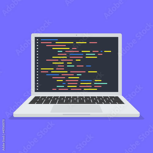 Laptop coding concept. Web developer, design, programming. Laptop screen code. Vector stock illustration.
