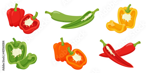 Set of sweet peppers. Whole peppers, halves with a sprig, and a quarter cut. Cut off half in a cross section. Food, vegetable in flat style. Isolated vector illustration on a white background.