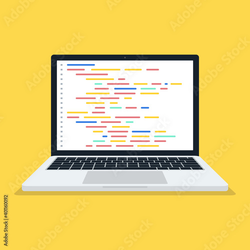 Programming, web development concept. Code on the screen laptop. Vector illustration.