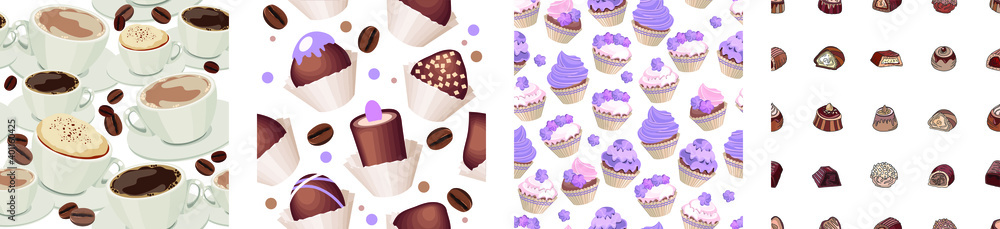 Seamless patterns with cups of coffee, sweet muffins and chocolate candies Seamless patterns with cups of coffee, sweet muffins and chocolate candies