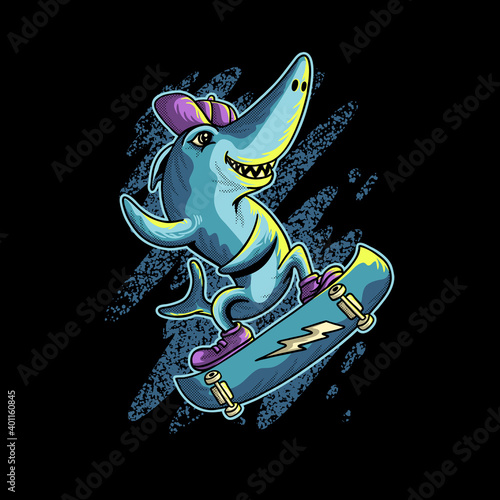 shark playing skateboard cartoon animal