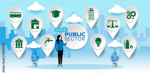 Governmental System Citizen Service Concept. Public Sector Government People Business Concept With icons. Cartoon Vector People Illustration