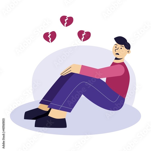 Sad man flat character. Frustrated young man sit on the ground. Broken heart, unhappy love. The concept of frustration, depression, psychotherapy.