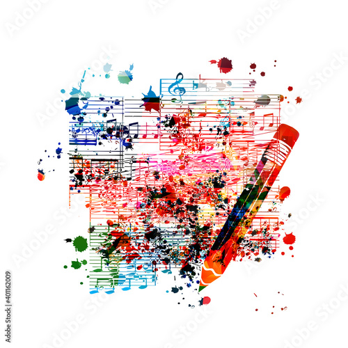Colorful pencil with musical notes isolated. Creative writing, composing music, education concept vector illustration design