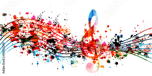 Colorful musical promotional poster with musical notes isolated vector illustration. Artistic background with musical staff for live concert events, music festivals and shows, party flyer template