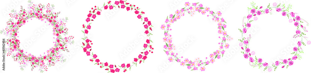 Set with round floral wreathes. Roses and romantic wild flowers on white background.