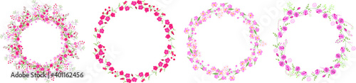 Set with round floral wreathes. Roses and romantic wild flowers on white background.