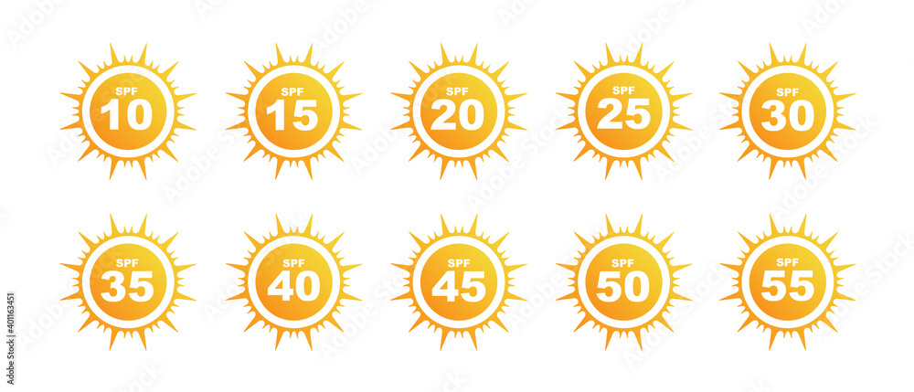 Set of SPF Protection Icons with Suns UV Block Symbols Set of SPF Protection Icons with Suns UV Block Symbols